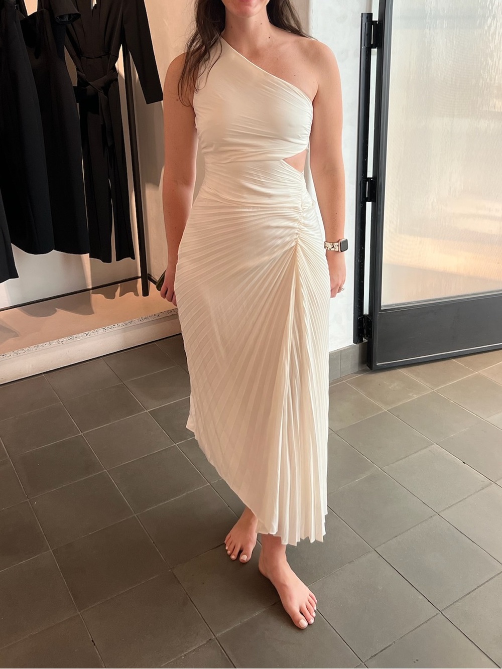 A.L.C. Dahlia One-Shoulder Ivory Pleated Midi Dress with Side Cutout